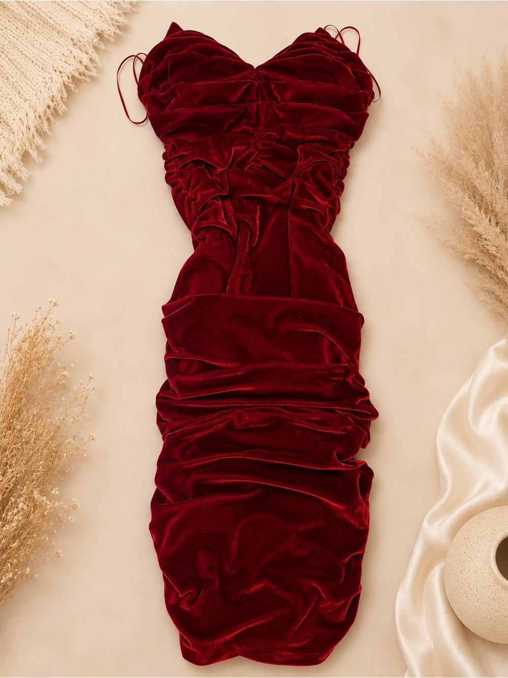 Fashion Nova Burgundy Velvet Ruched Strapless Dress
